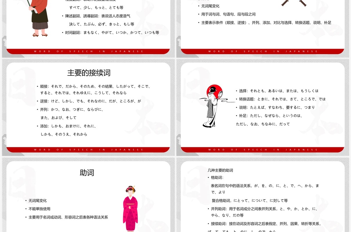简约红色日语的词类日语教学PPT模板