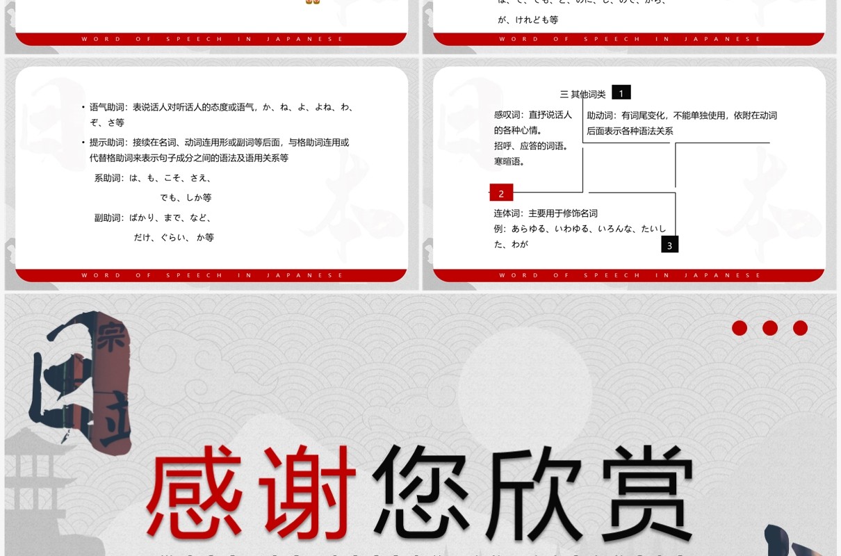 简约红色日语的词类日语教学PPT模板