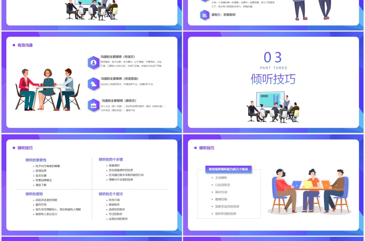 蓝色卡通插画商务创意有效沟通技巧管理培训PPT模板