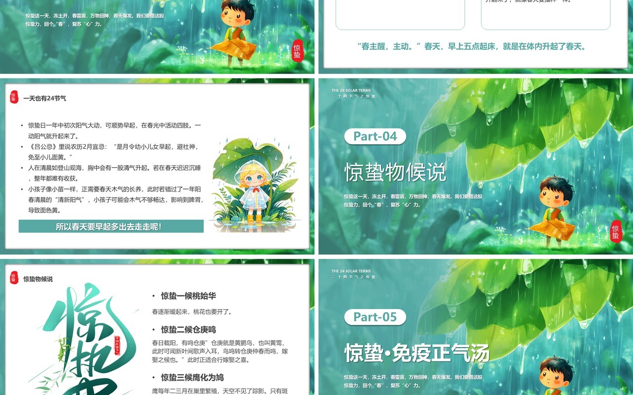 绿色插画风二十四传统节气之惊蛰PPT模板