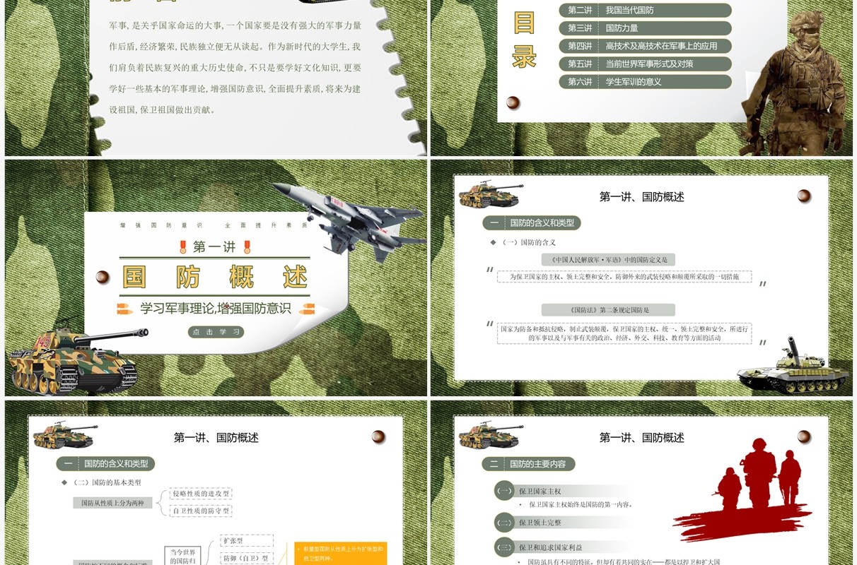 绿色迷彩大学生军事理论教育培训PPT模板