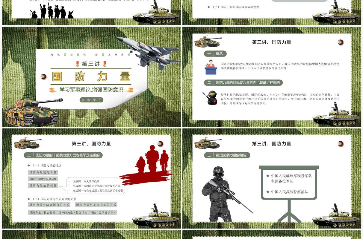 绿色迷彩大学生军事理论教育培训PPT模板