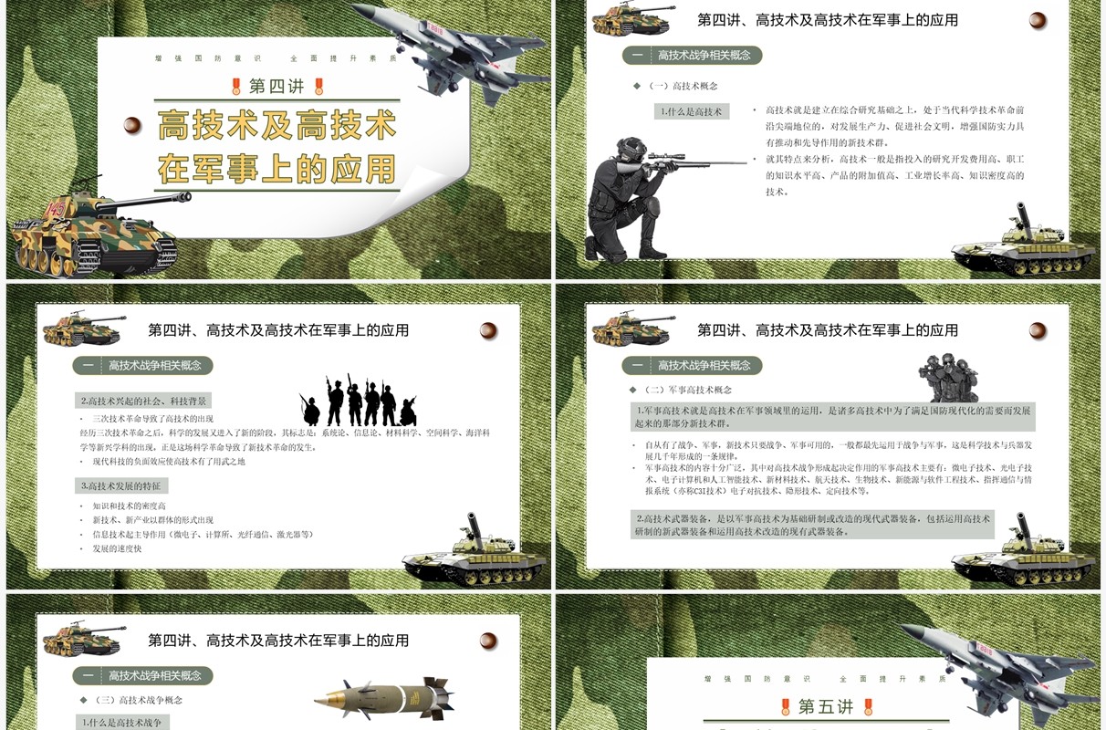 绿色迷彩大学生军事理论教育培训PPT模板
