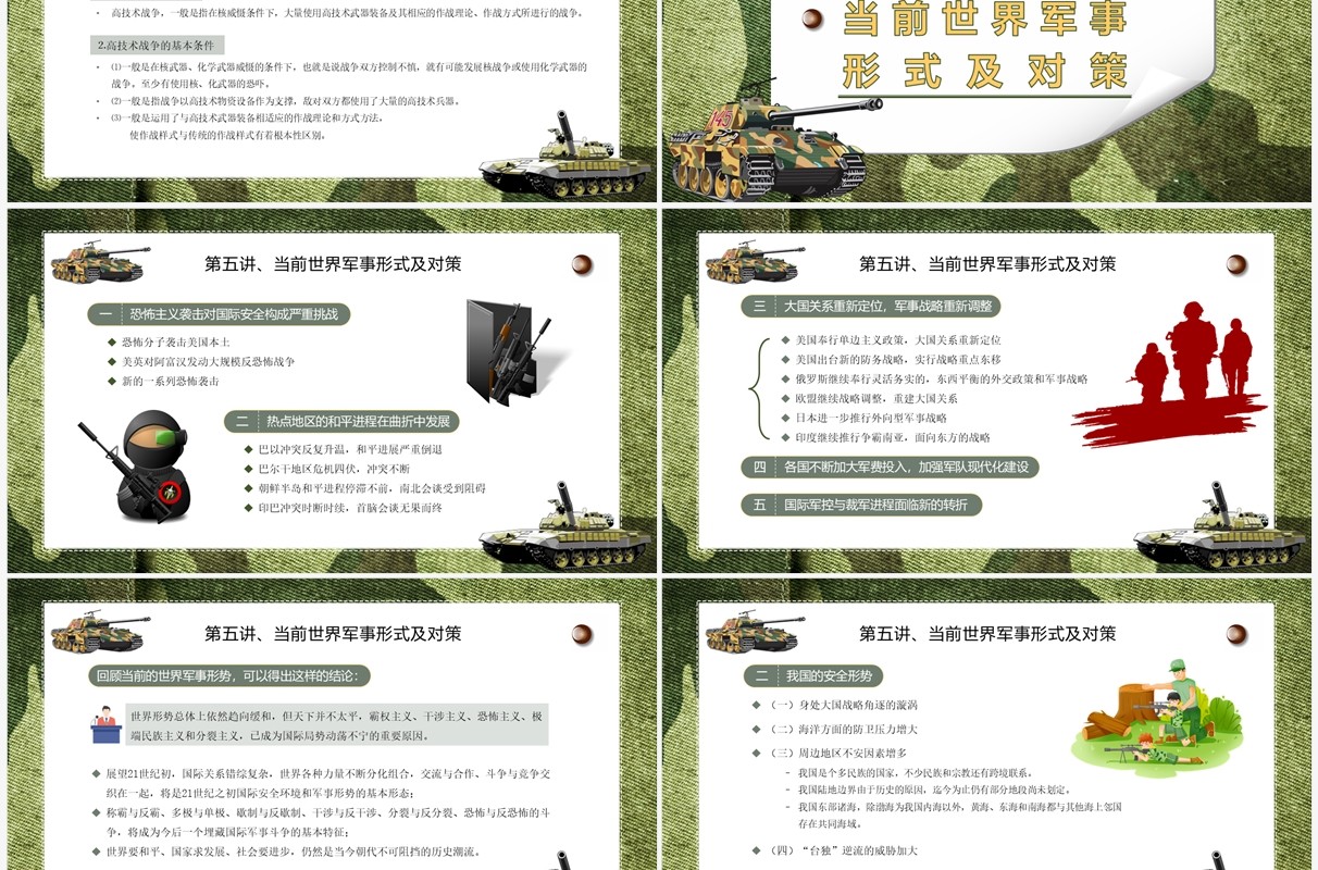 绿色迷彩大学生军事理论教育培训PPT模板