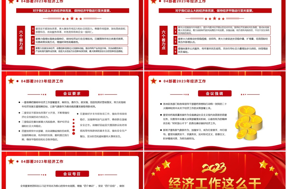 红色简约风2023经济工作这么干工作会议PPT模板