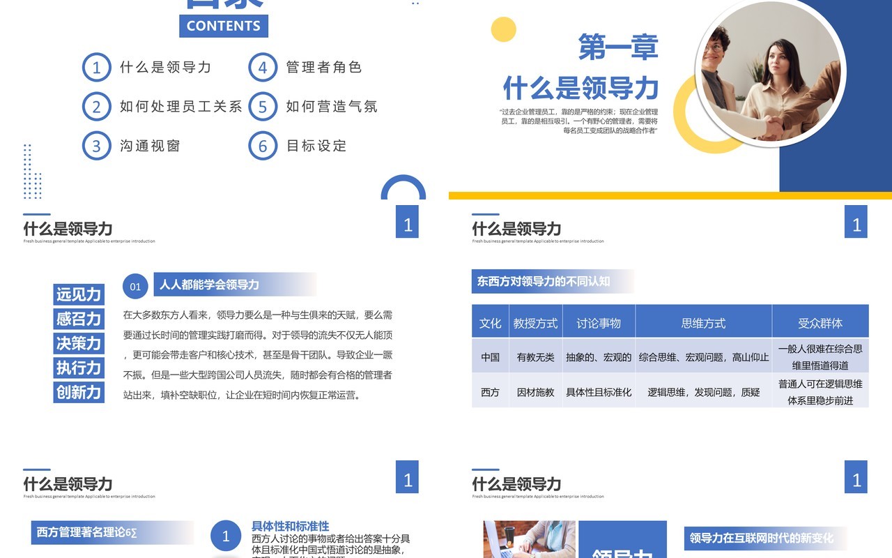 蓝色简约风可复制的领导力企业教育培训通用PPT模板