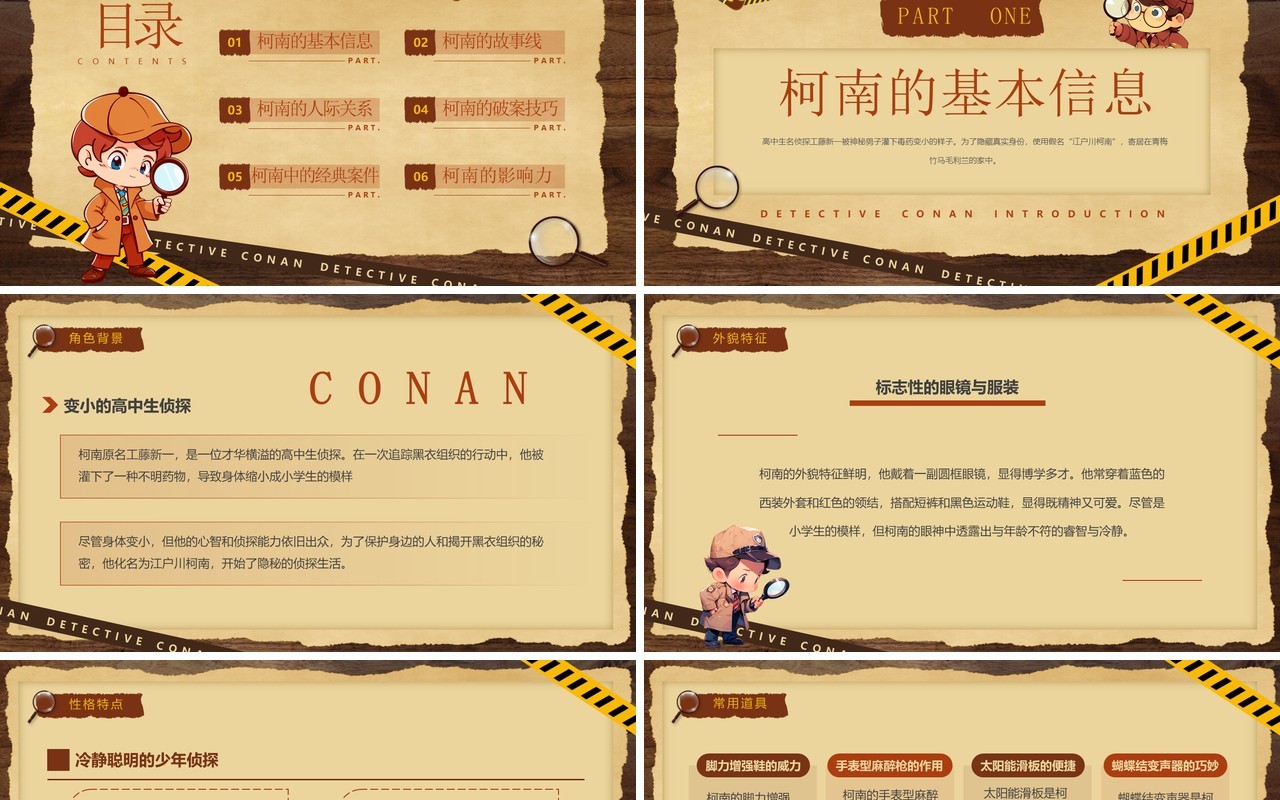 棕色卡通风侦探柯南介绍PPT模板