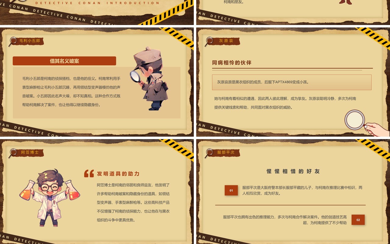 棕色卡通风侦探柯南介绍PPT模板