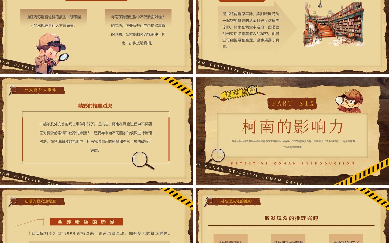 棕色卡通风侦探柯南介绍PPT模板