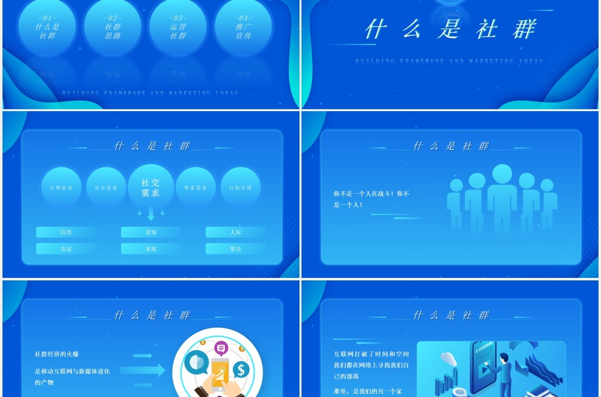 蓝色渐变搭建框架和社群营销思路运营PPT模板