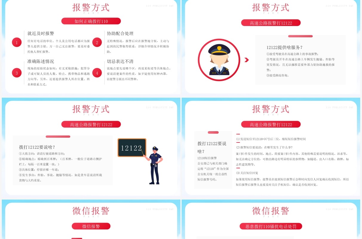 蓝色简约风110警察节宣传日介绍PPT模板