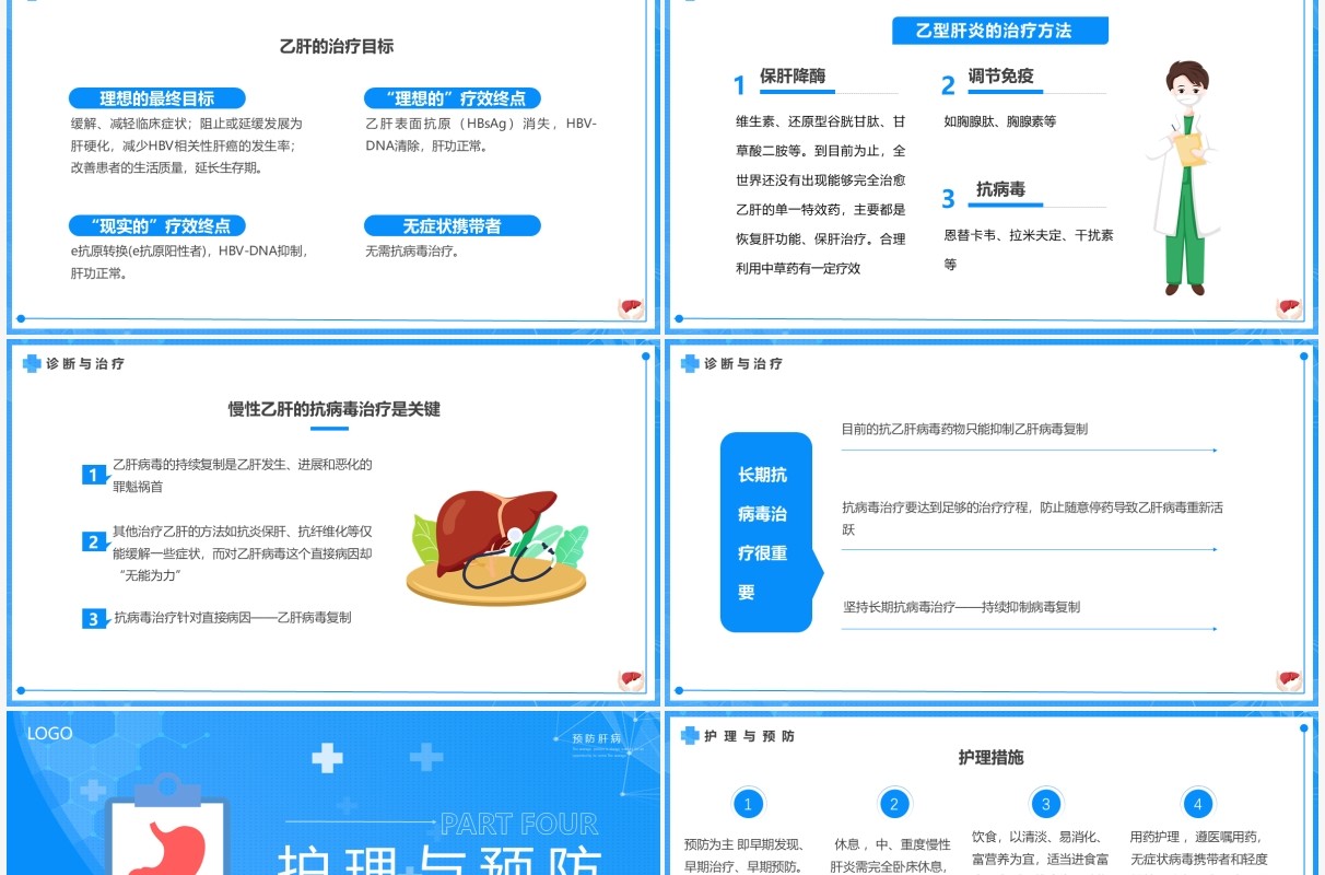 蓝色简约卡通风慢性肝炎知识介绍PPT模板