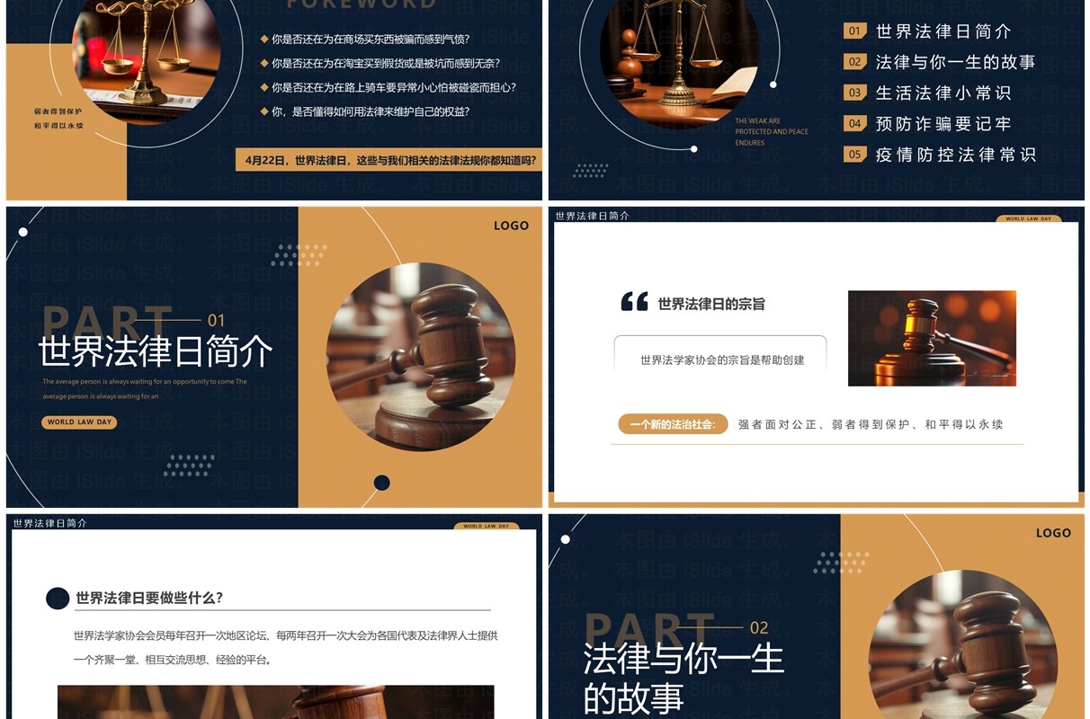 蓝棕色简约风世界法律日PPT模板