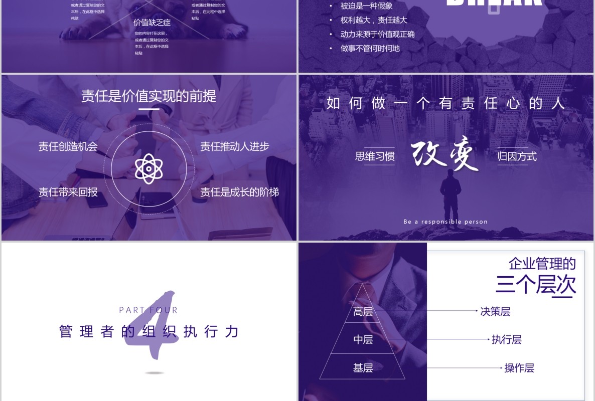 紫色责任心与执行力企业员工培训PPT课件模板