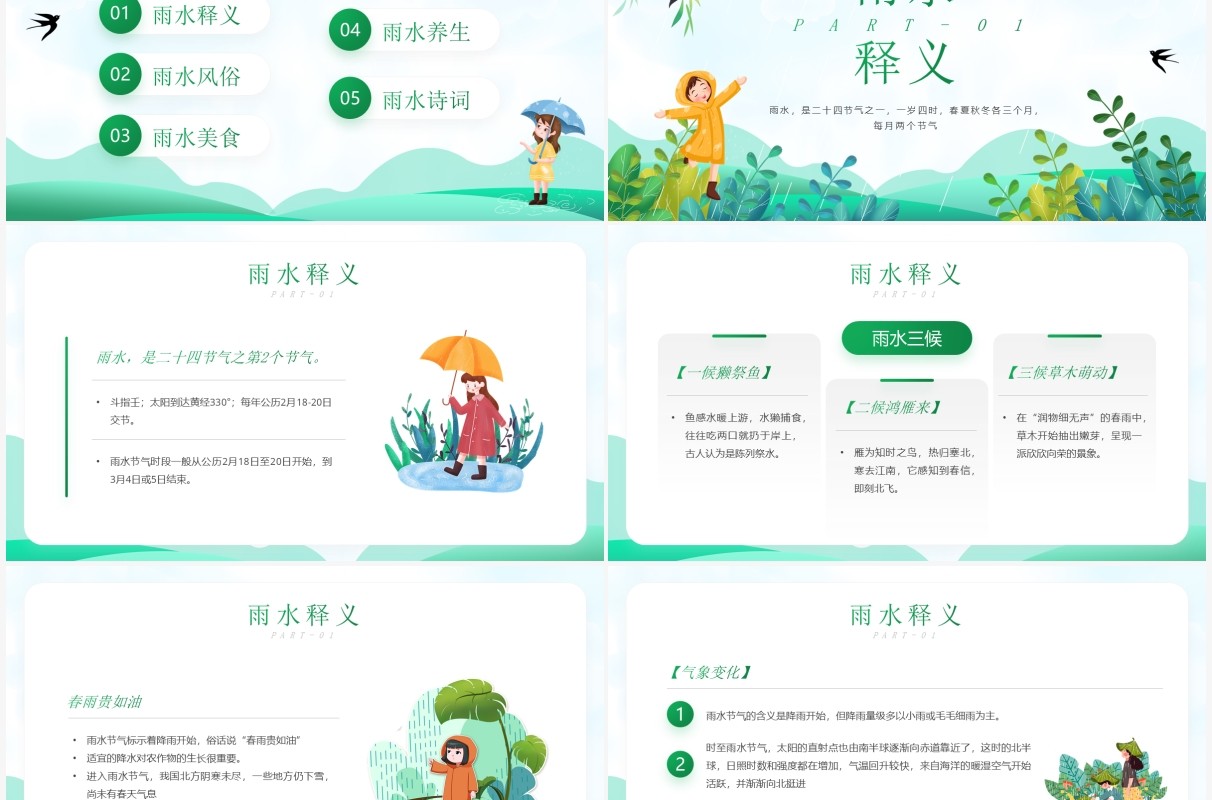 绿色清新卡通风雨水节气知识介绍PPT模板