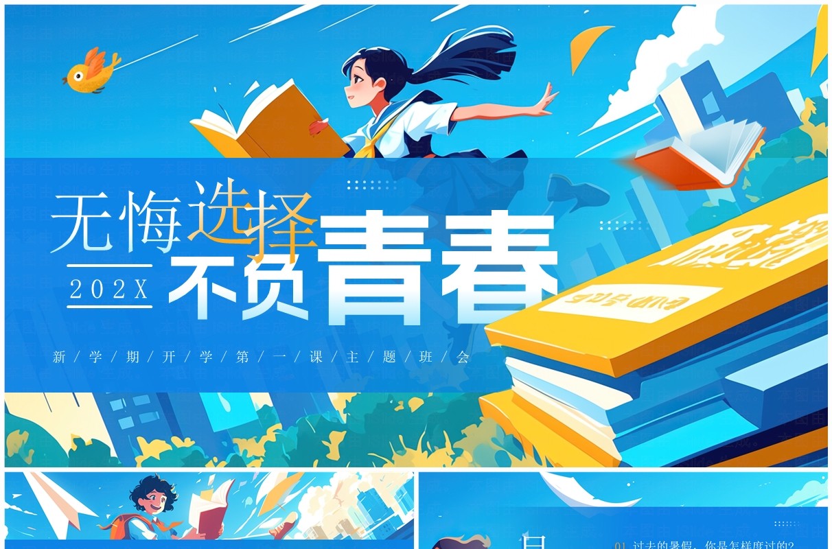 蓝色插画风新学期开学主题班会PPT模板