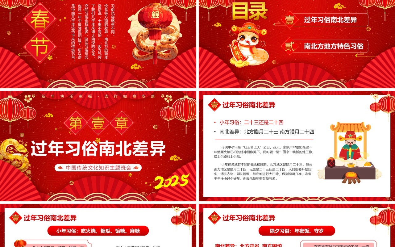 红色中国风南北方不同春节习俗PPT模板