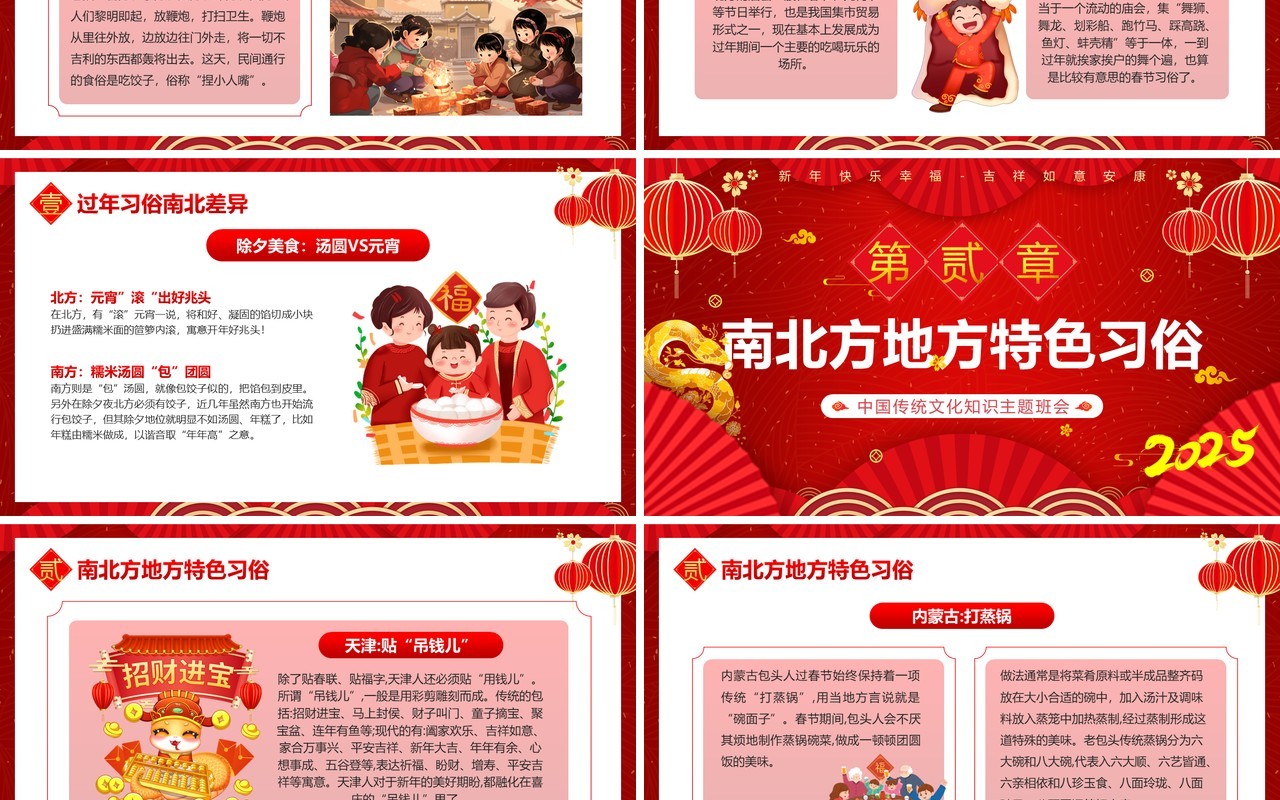 红色中国风南北方不同春节习俗PPT模板