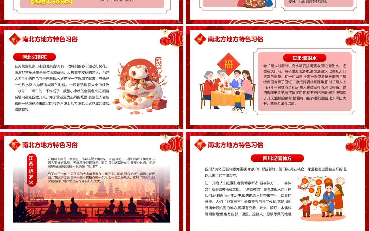 红色中国风南北方不同春节习俗PPT模板