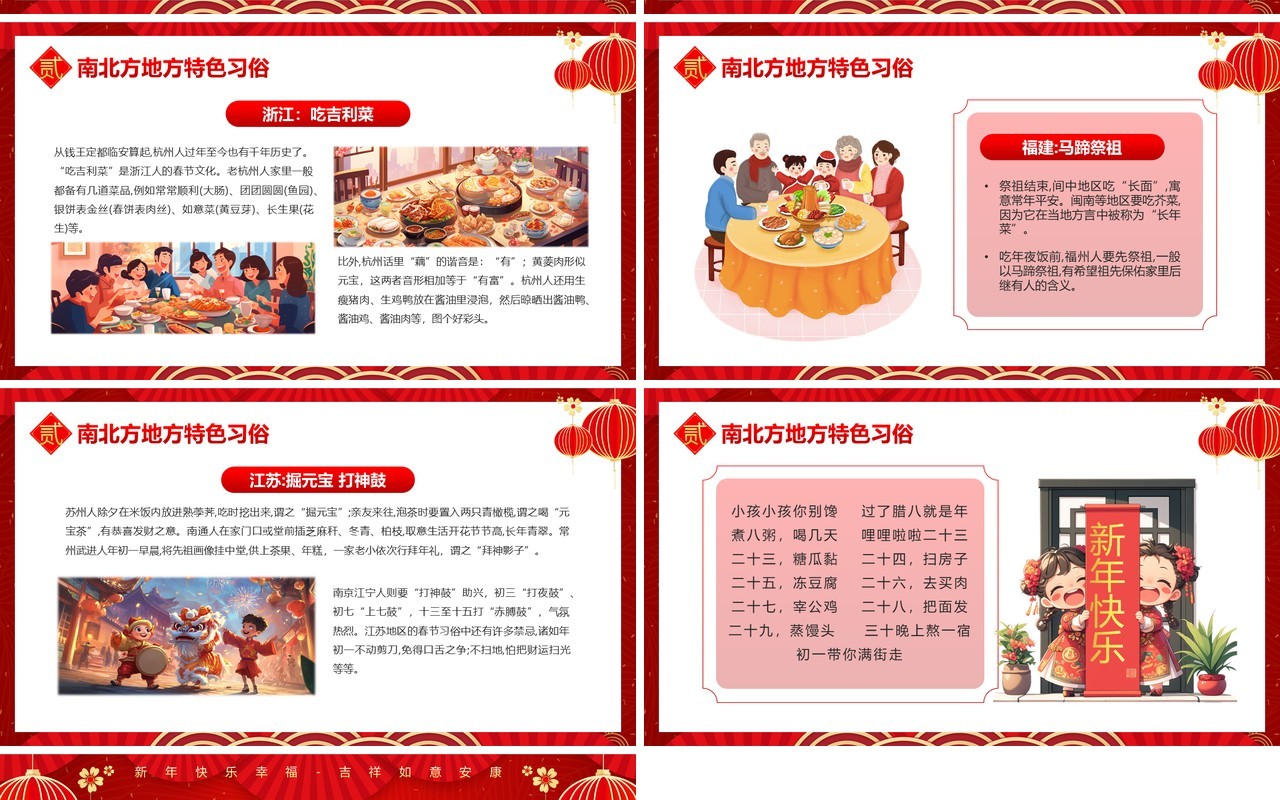 红色中国风南北方不同春节习俗PPT模板
