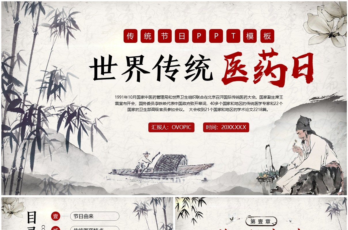 红色中国风世界传统医药日PPT模板