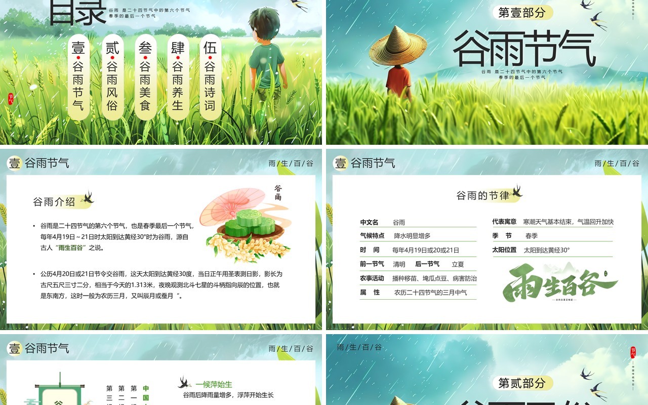 绿色卡通风二十四节气之谷雨PPT模板