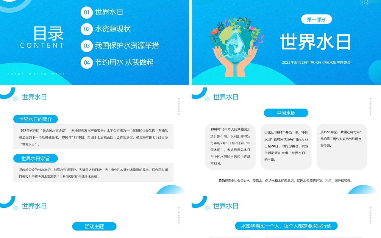 蓝色简约风中国水周主题班会PPT模板