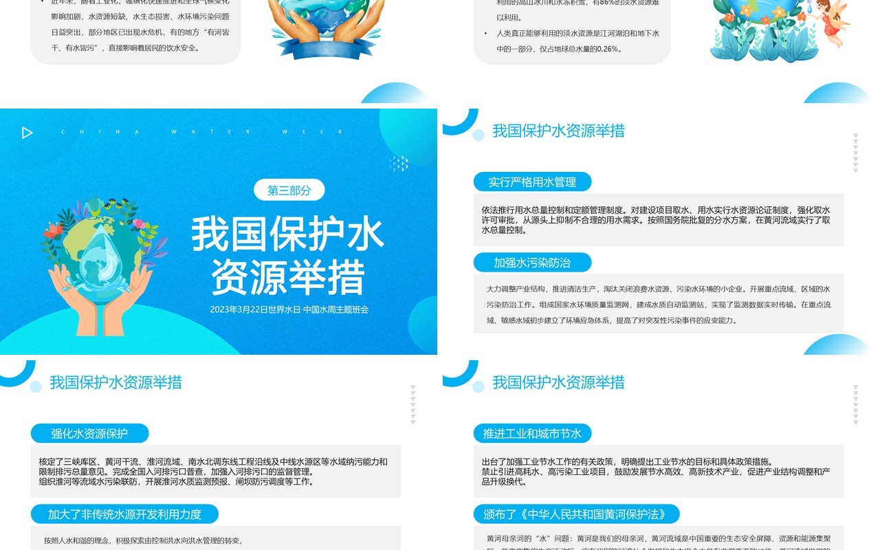 蓝色简约风中国水周主题班会PPT模板