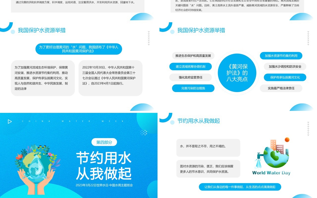 蓝色简约风中国水周主题班会PPT模板