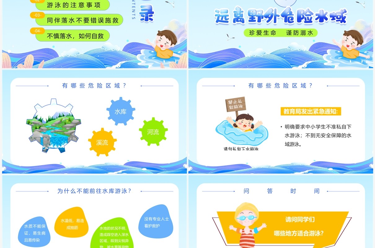 蓝色卡通风暑期防溺水安全培训PPT模板