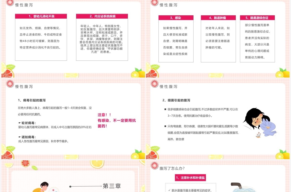 粉色卡通风夏季腹泻预防措施宣传PPT模板