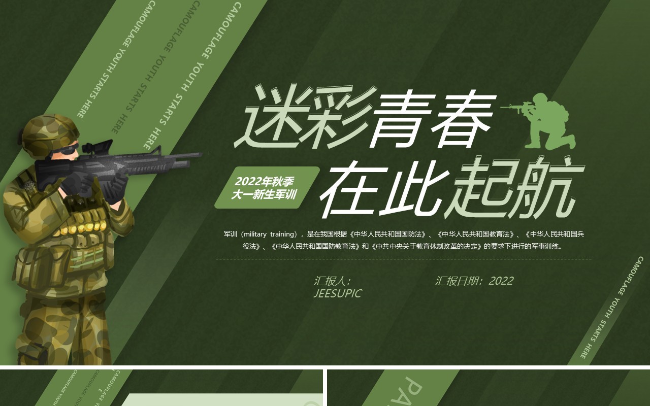 绿色扁平风迷彩青春在此启航PPT模板