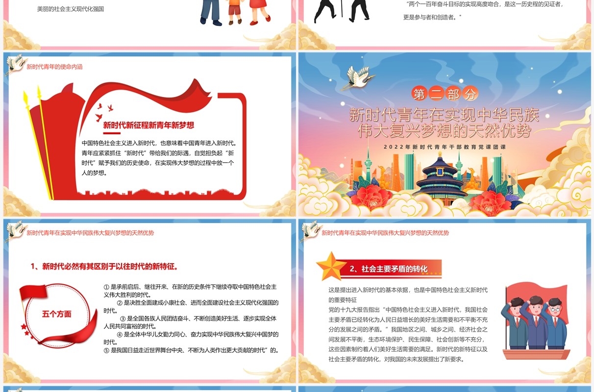 蓝色国潮风青年精神素养提升新时代青年干部教育PPT模板
