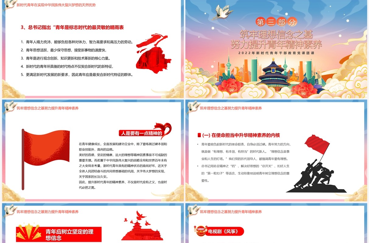 蓝色国潮风青年精神素养提升新时代青年干部教育PPT模板