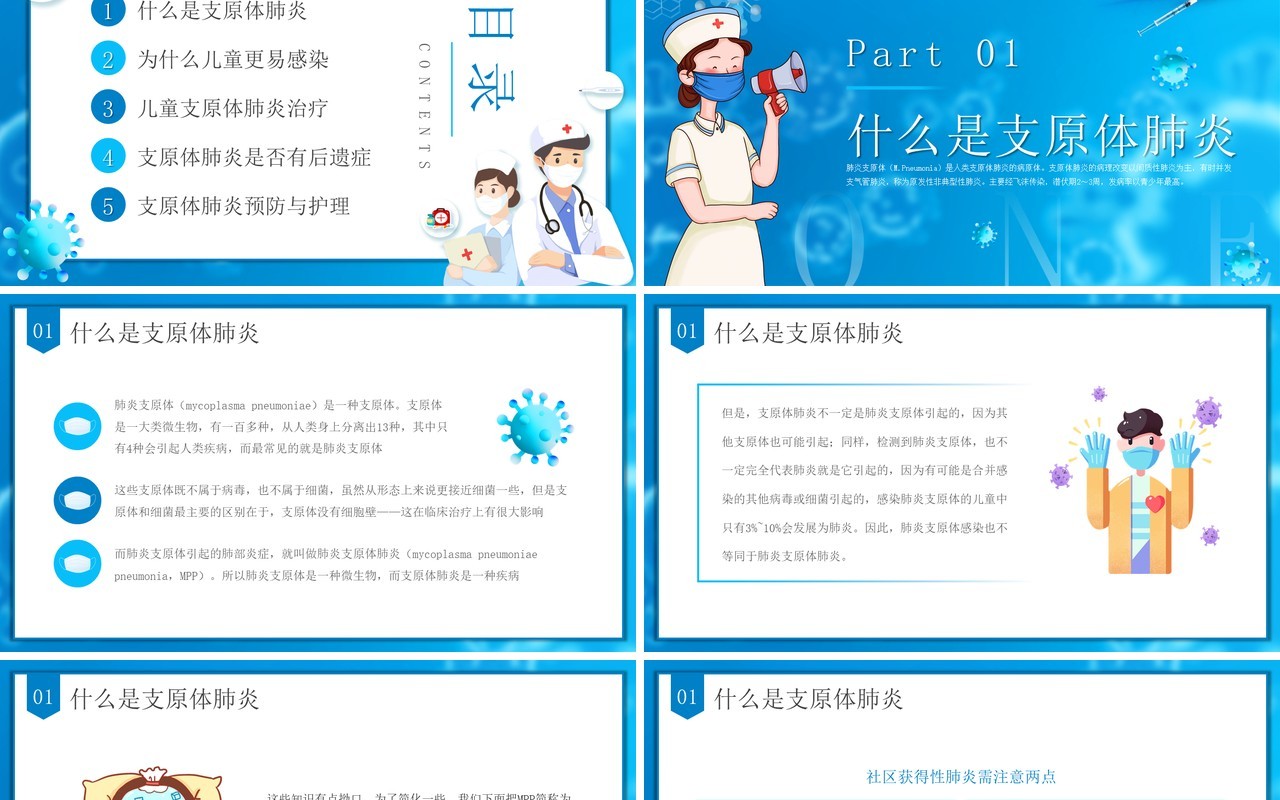 蓝色插画风预防支原体肺炎PPT模板