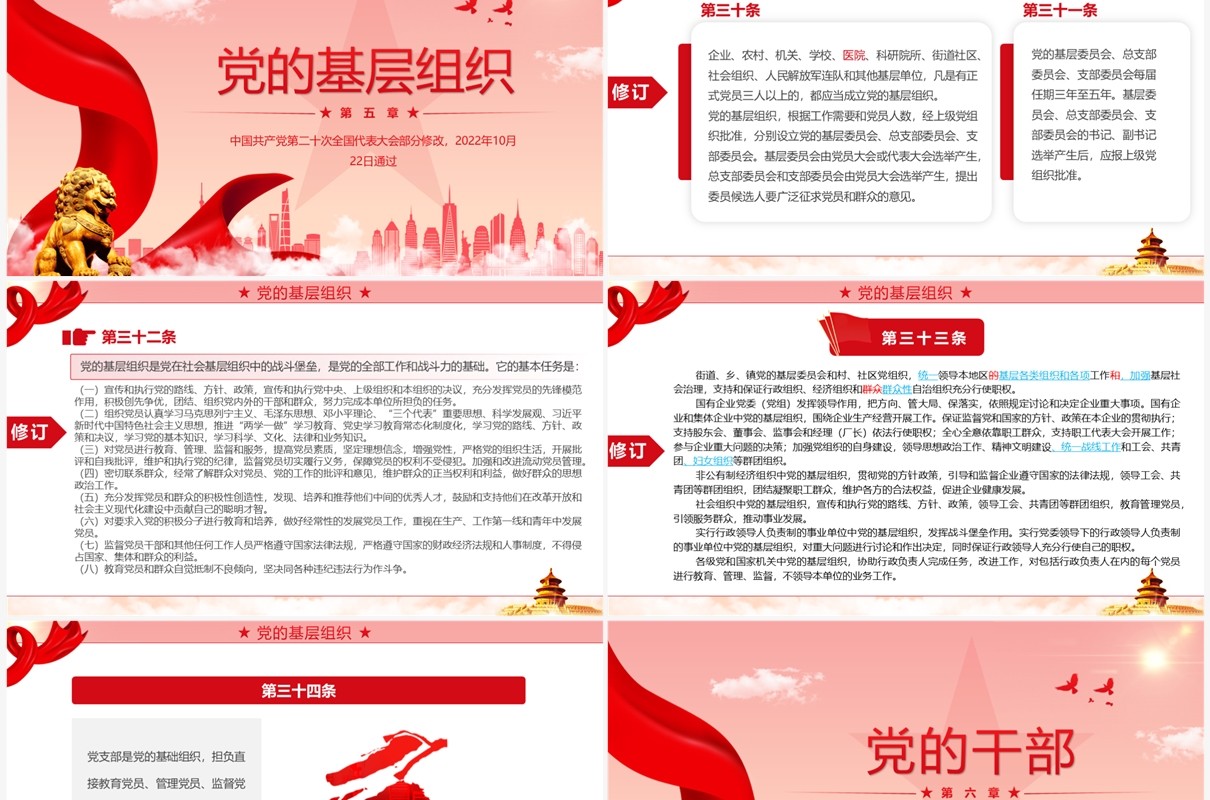 红色简约2022党章新旧对照版PPT模板