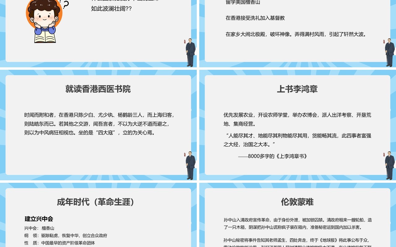 蓝色民国人物篇之孙中山传记PPT模板