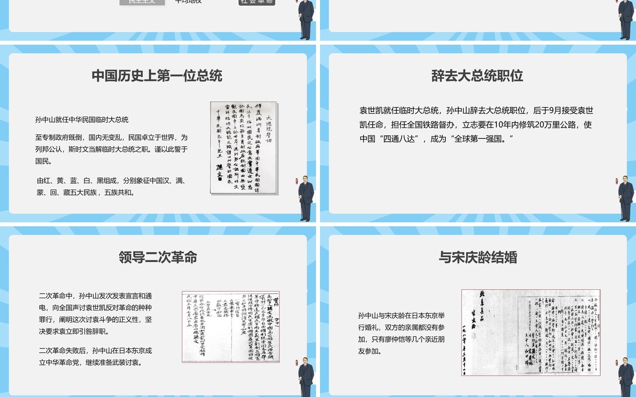 蓝色民国人物篇之孙中山传记PPT模板