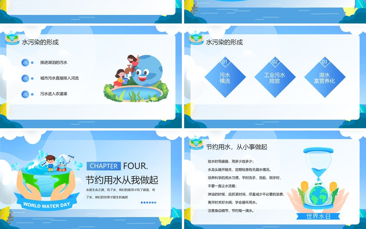 蓝色卡通世界水日节约用水公益宣传PPT模板