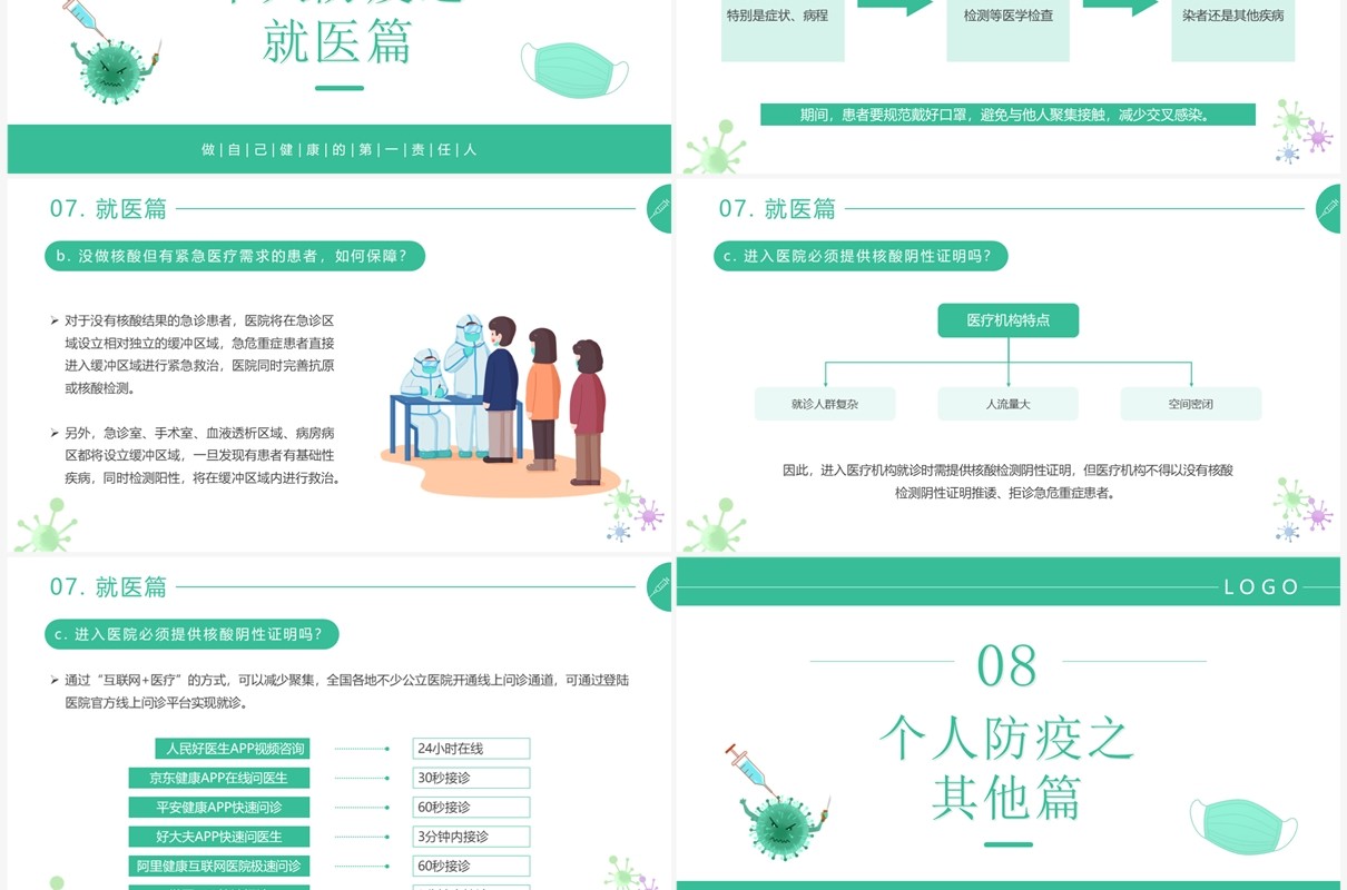 绿色插画风防控疫情健康生活防疫手册PPT模板