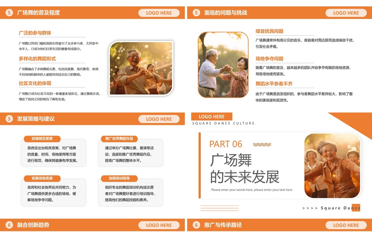 橙色简约风广场舞文化介绍PPT模板