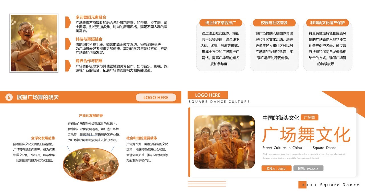 橙色简约风广场舞文化介绍PPT模板