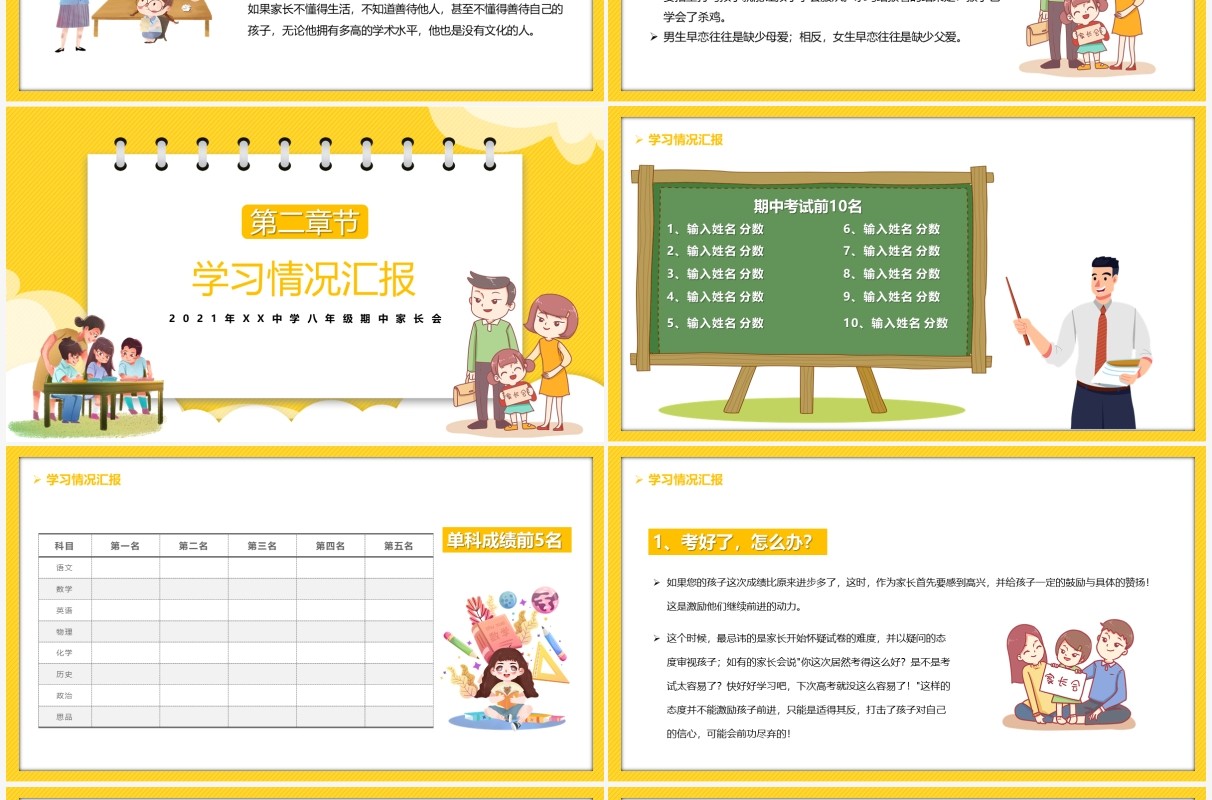 黄色卡通八年级期中家长会PPT模板