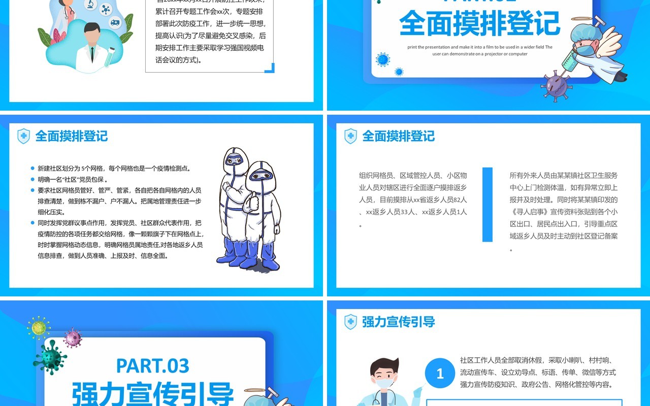 蓝色卡通社区疫情防控工作总结PPT模板