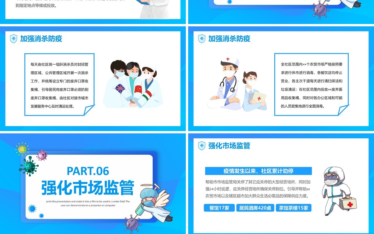 蓝色卡通社区疫情防控工作总结PPT模板