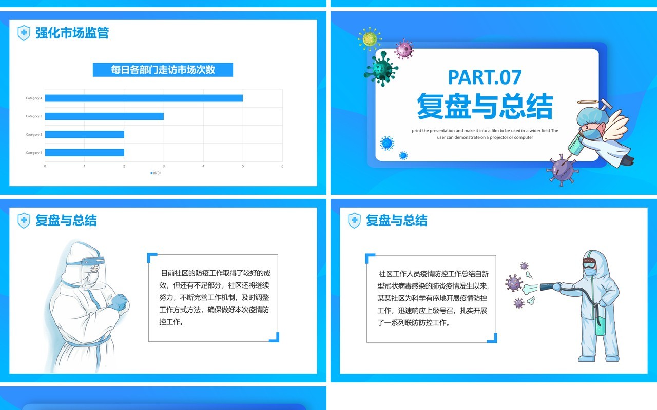 蓝色卡通社区疫情防控工作总结PPT模板