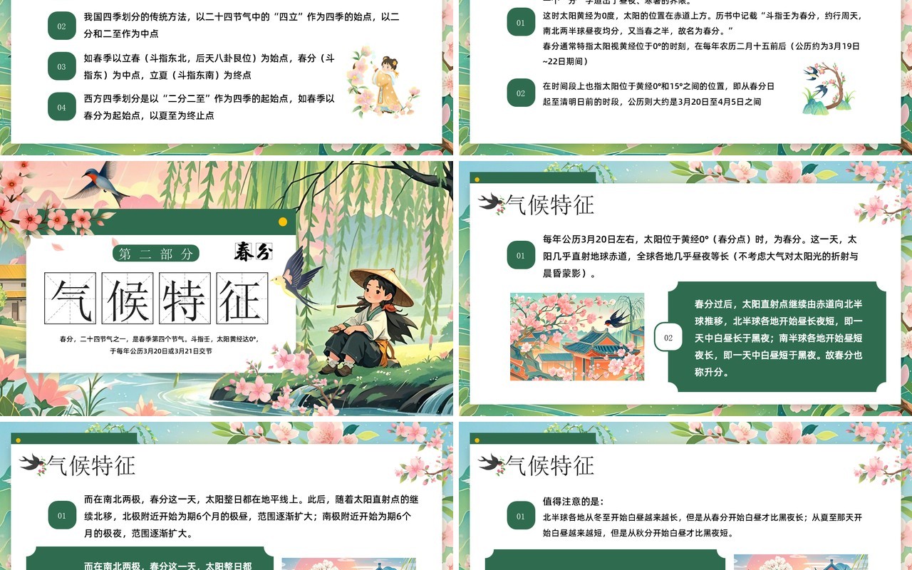 绿色插画风二十四节气春分节气PPT模板
