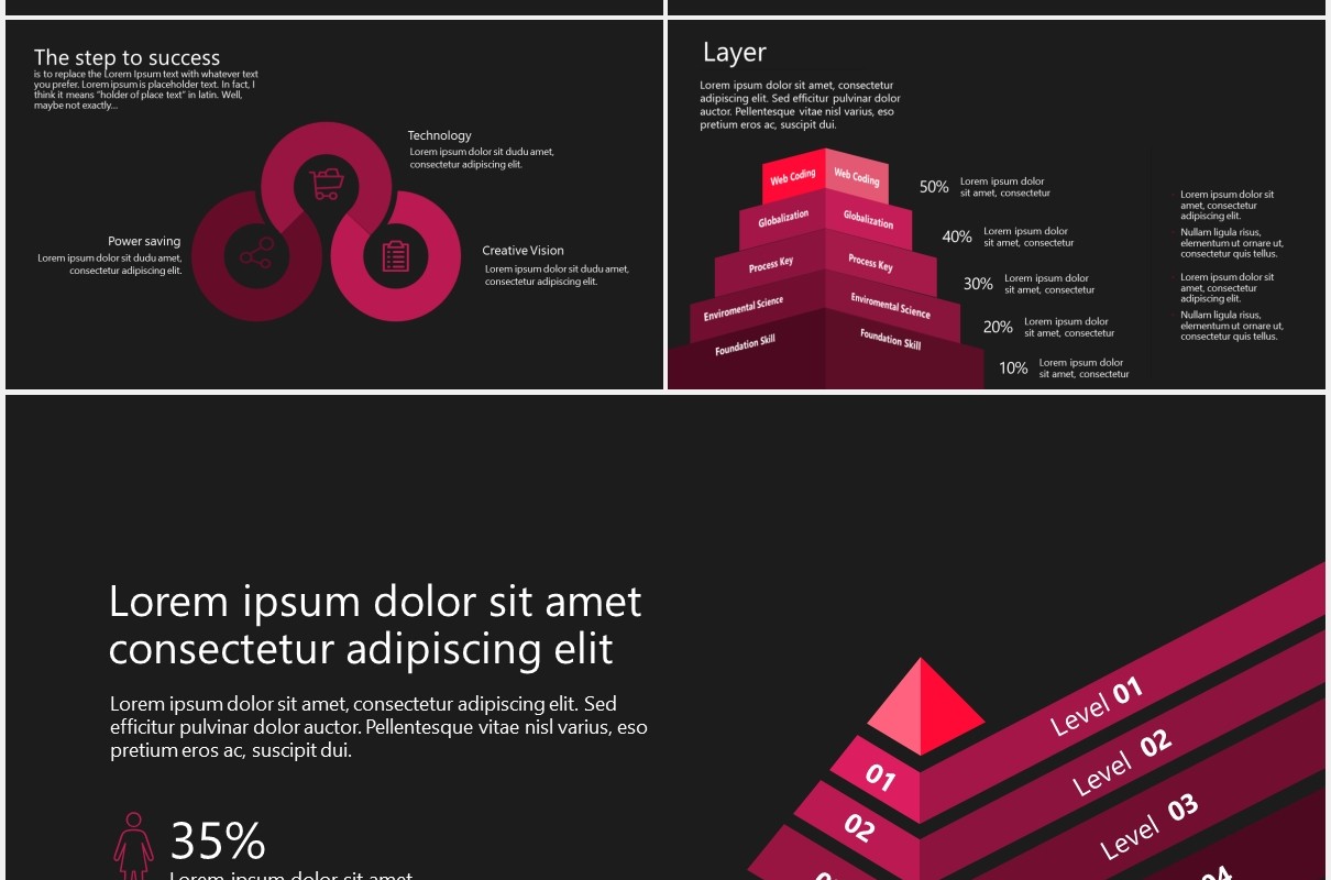 深色商务金字塔箭头流程图信息图表PPT模板素材rote powerpoint template