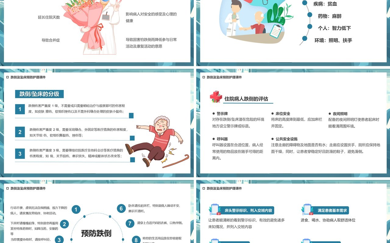 蓝色插画风跌倒及坠床的护理教育PPT模板