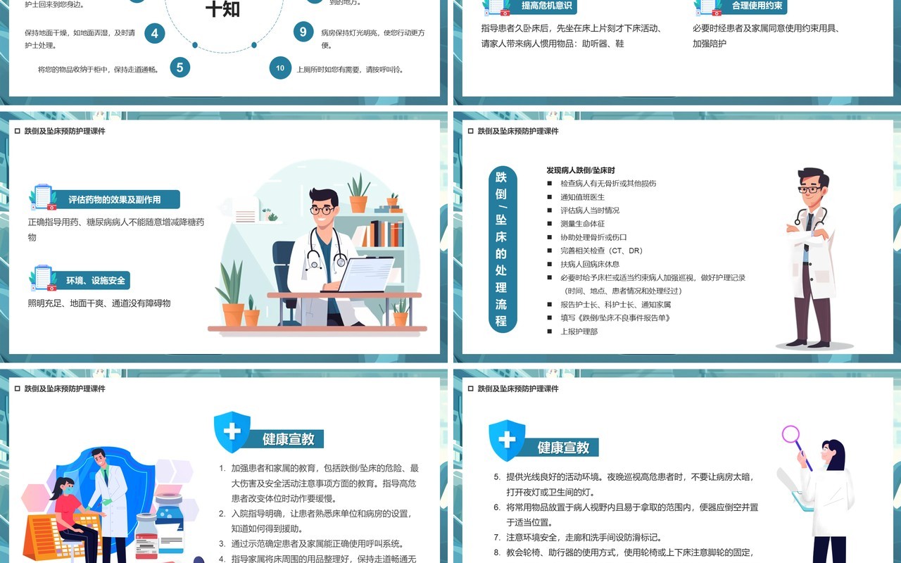 蓝色插画风跌倒及坠床的护理教育PPT模板